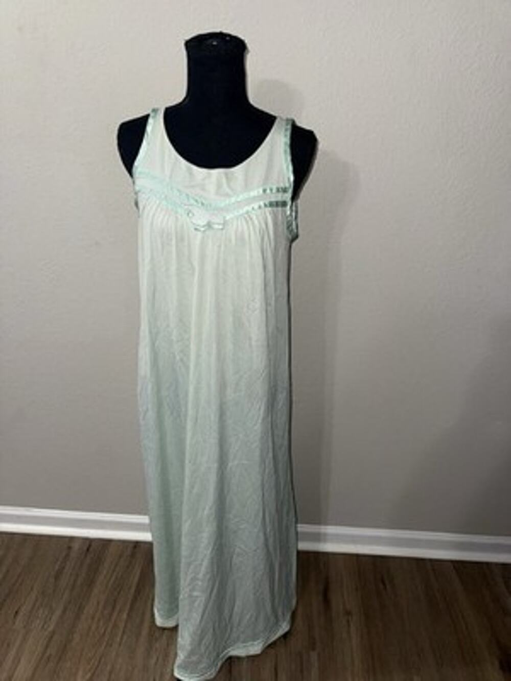 Vintage Gossard Small Nightgown Light Mint Green Nylon Satin Floral Trim Long